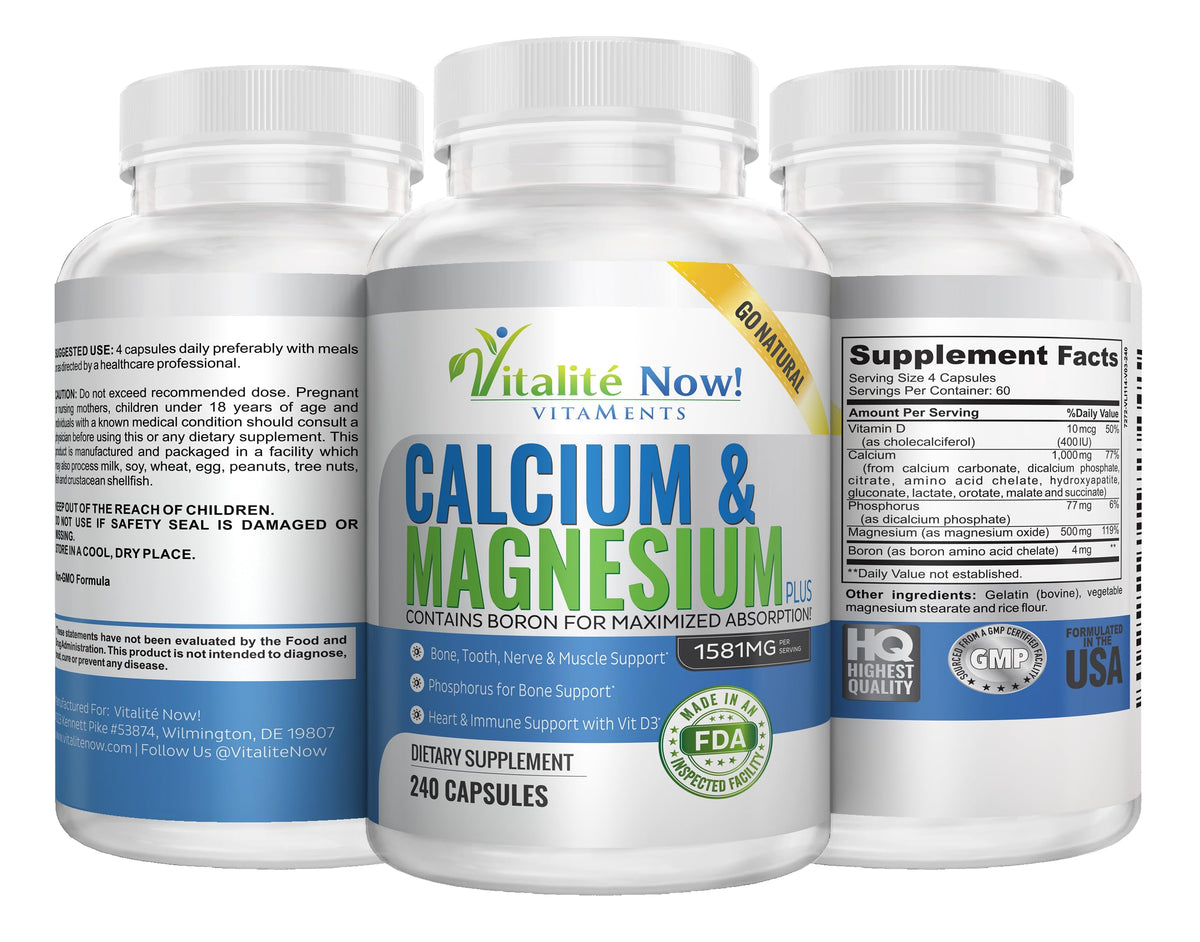 Flacon de Vitalité Now! Calcium Magnésium 240 capsules, vue de côté