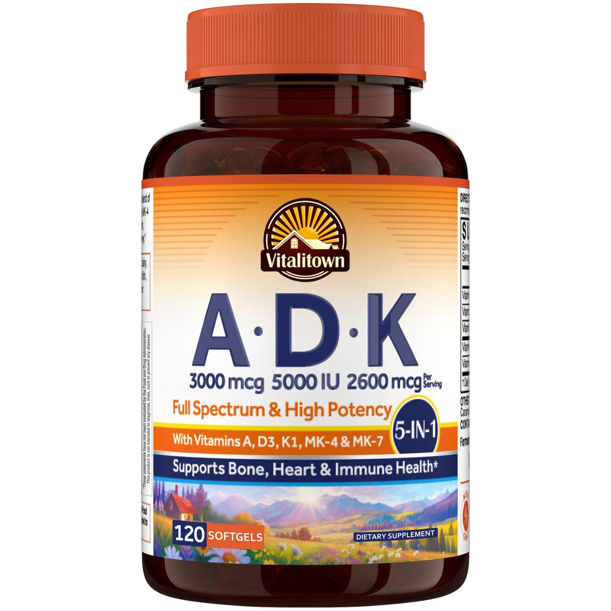 Flacon de Vitalitown Vitamine ADK 120 gélules vue de face