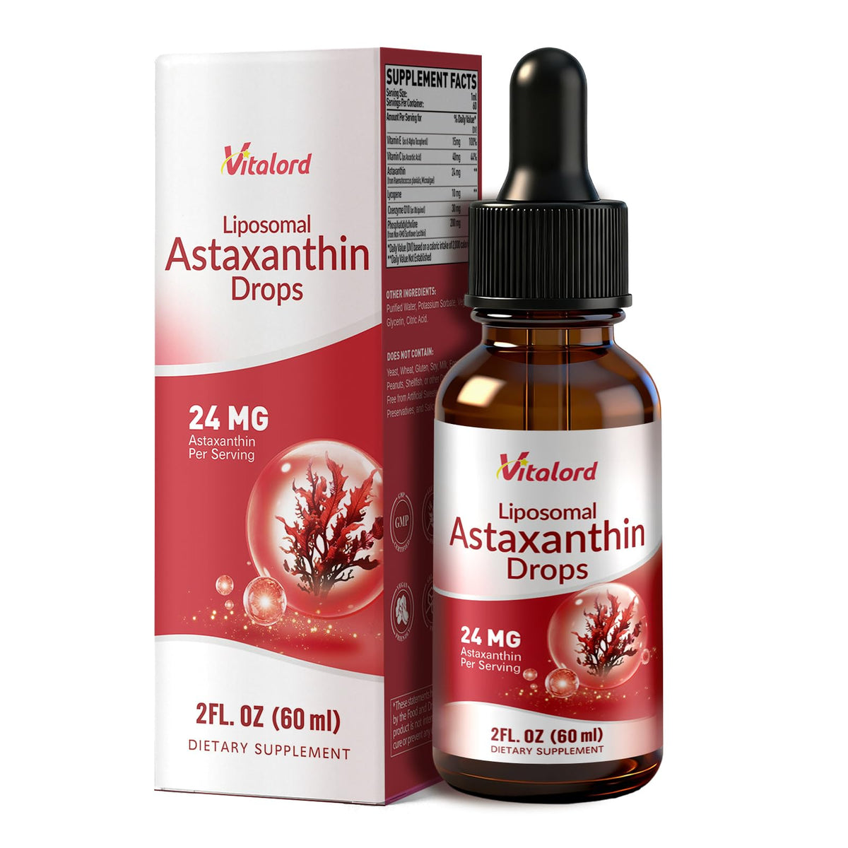 Flacon de Vitalord Astaxanthin Liposomal 24mg 60ml vue de face
