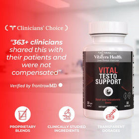 Flacon de Vitalyra Health Testo Support sur une table en bois