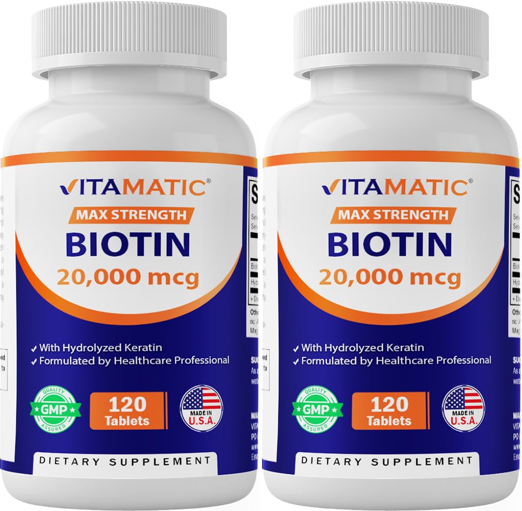 Flacon de Vitamatic Biotine 20 000 mcg avec Kératine, 120 comprimés