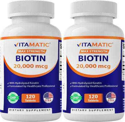 Flacon de Vitamatic Biotine 20 000 mcg avec Kératine, 120 comprimés