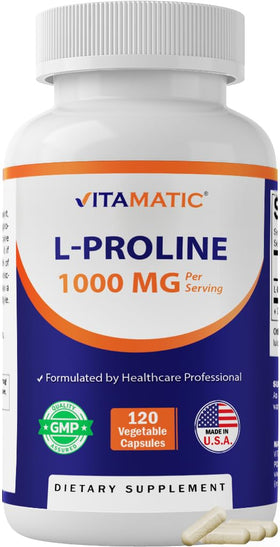 Flacon de Vitamatic L-Proline 1000 MG vue avant avec étiquette