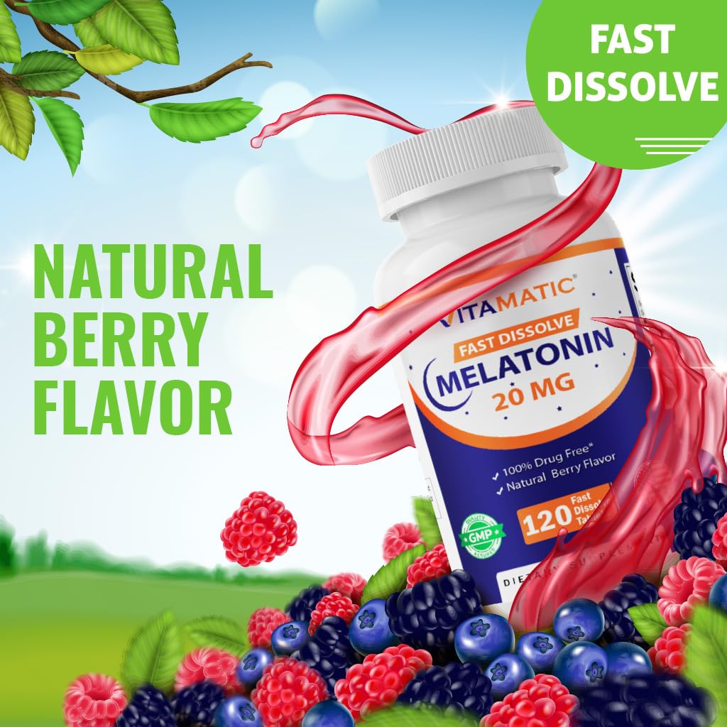 Flacon de Vitamatic Melatonine 20 mg avec étiquette visible