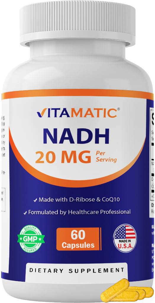 Flacon de Vitamatic NADH 20mg avec D-Ribose et CoQ10, vue avant