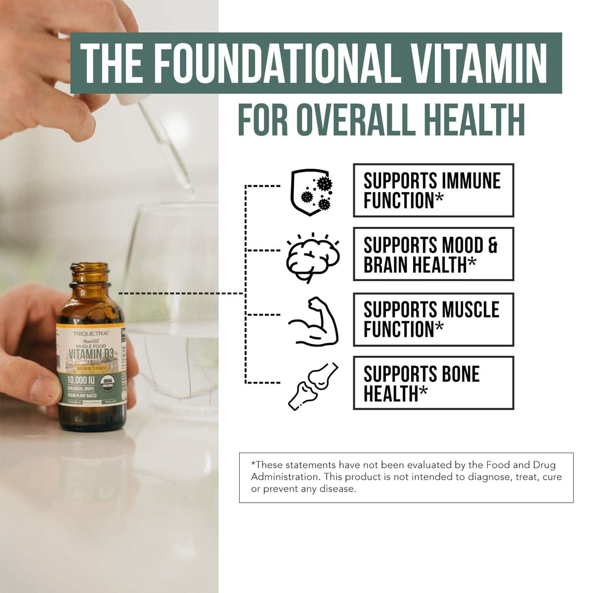 Flacon de Vitamin D3 Vegan Triquetra Health sur un fond naturel