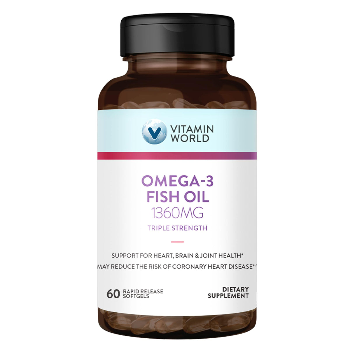 Flacon de Vitamin World Huile de Poisson Omega 3 Triple Force 1360 mg