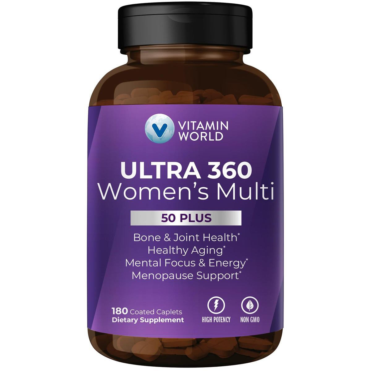 Flacon de Vitamin World Ultra 360 multivitamine pour femmes 50+, vue avant