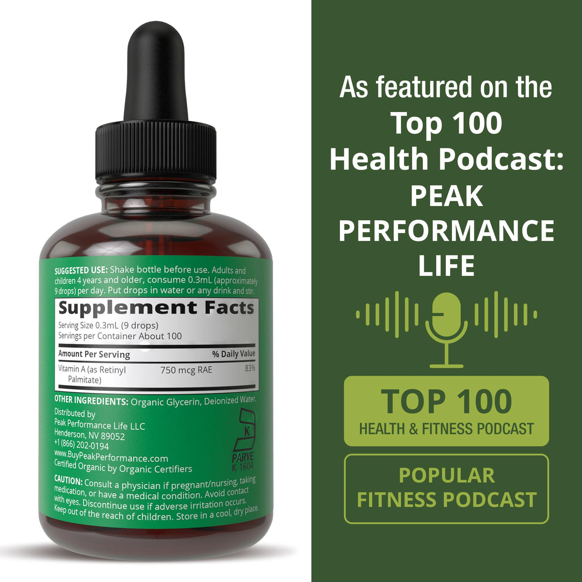Flacon de vitamine A bio Peak Performance avec étiquette visible