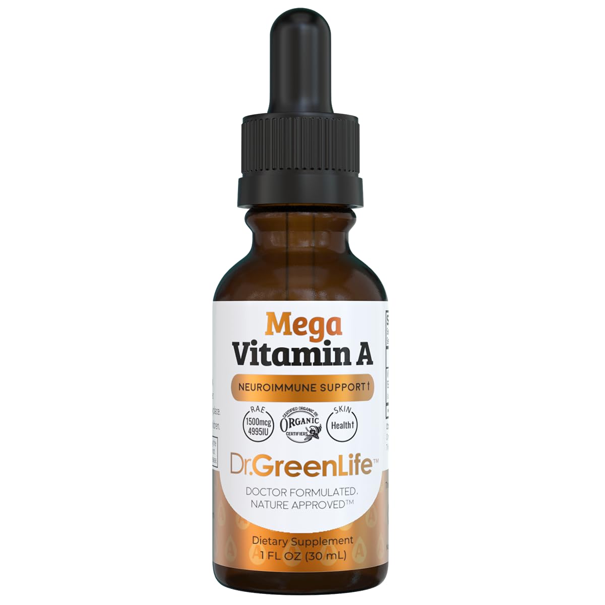 Flacon de vitamine A Dr. Green Mom sur une surface en bois