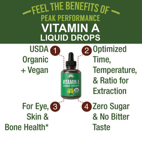 Flacon de vitamine A liquide Peak Performance sur fond blanc