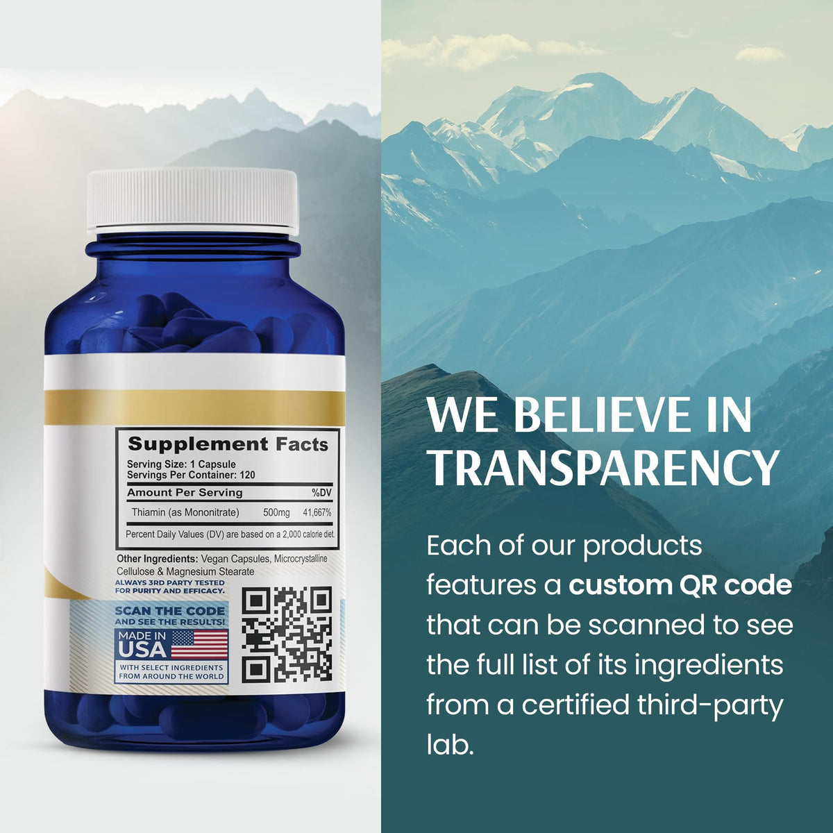 Flacon de vitamine B1 Vykee Nutrition avec vue de côté