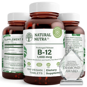 Flacon de vitamine B12 1000 mcg Natural Nutra avec étiquette visible