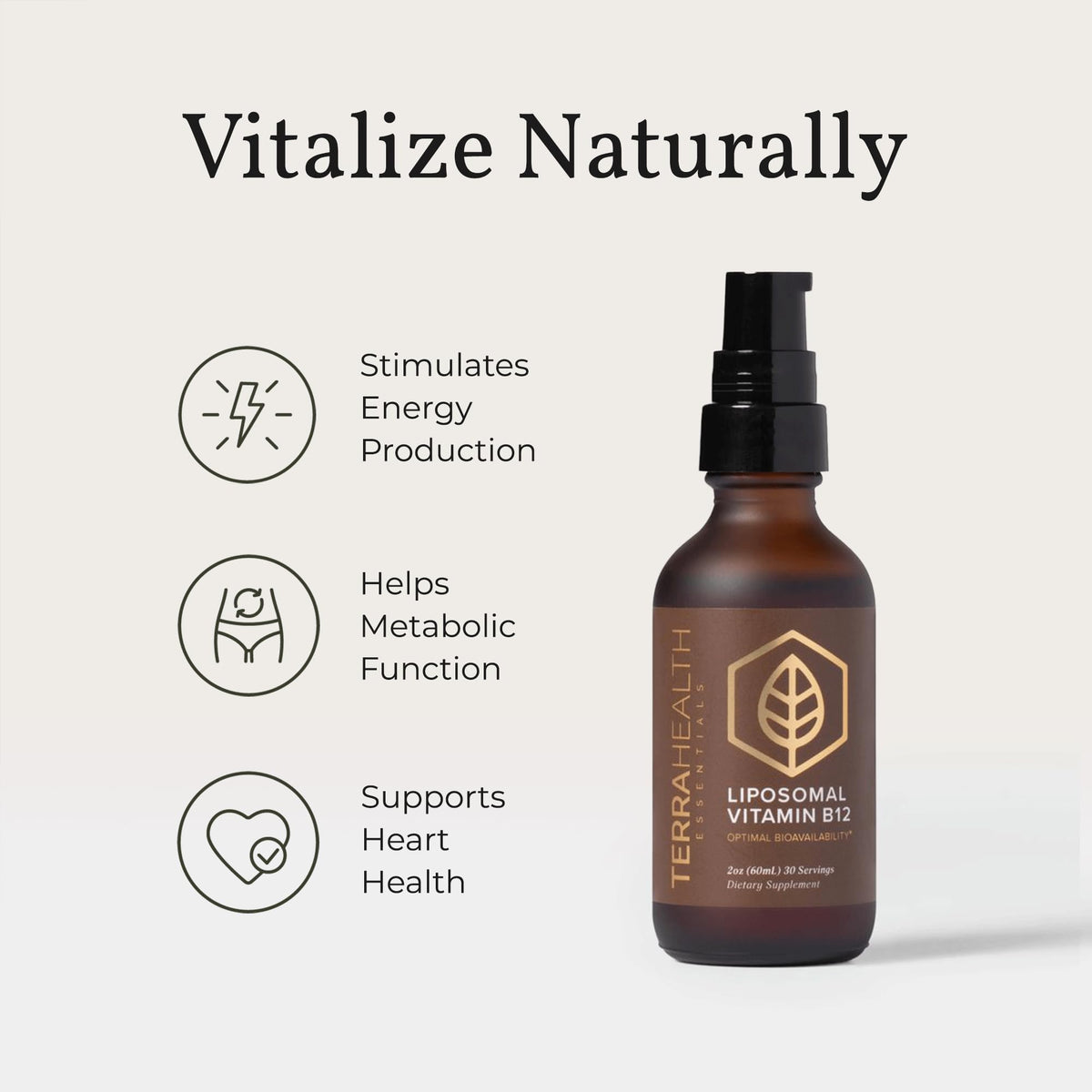 Flacon de vitamine B12 avec étiquette Terra Health Essentials
