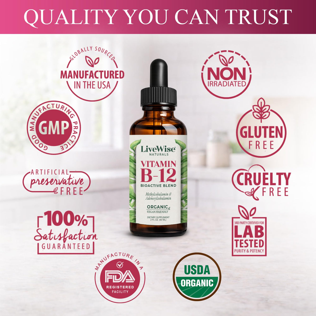 Flacon de vitamine B12 avec gouttes dans un verre d'eau