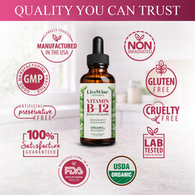 Flacon de vitamine B12 avec gouttes dans un verre d'eau