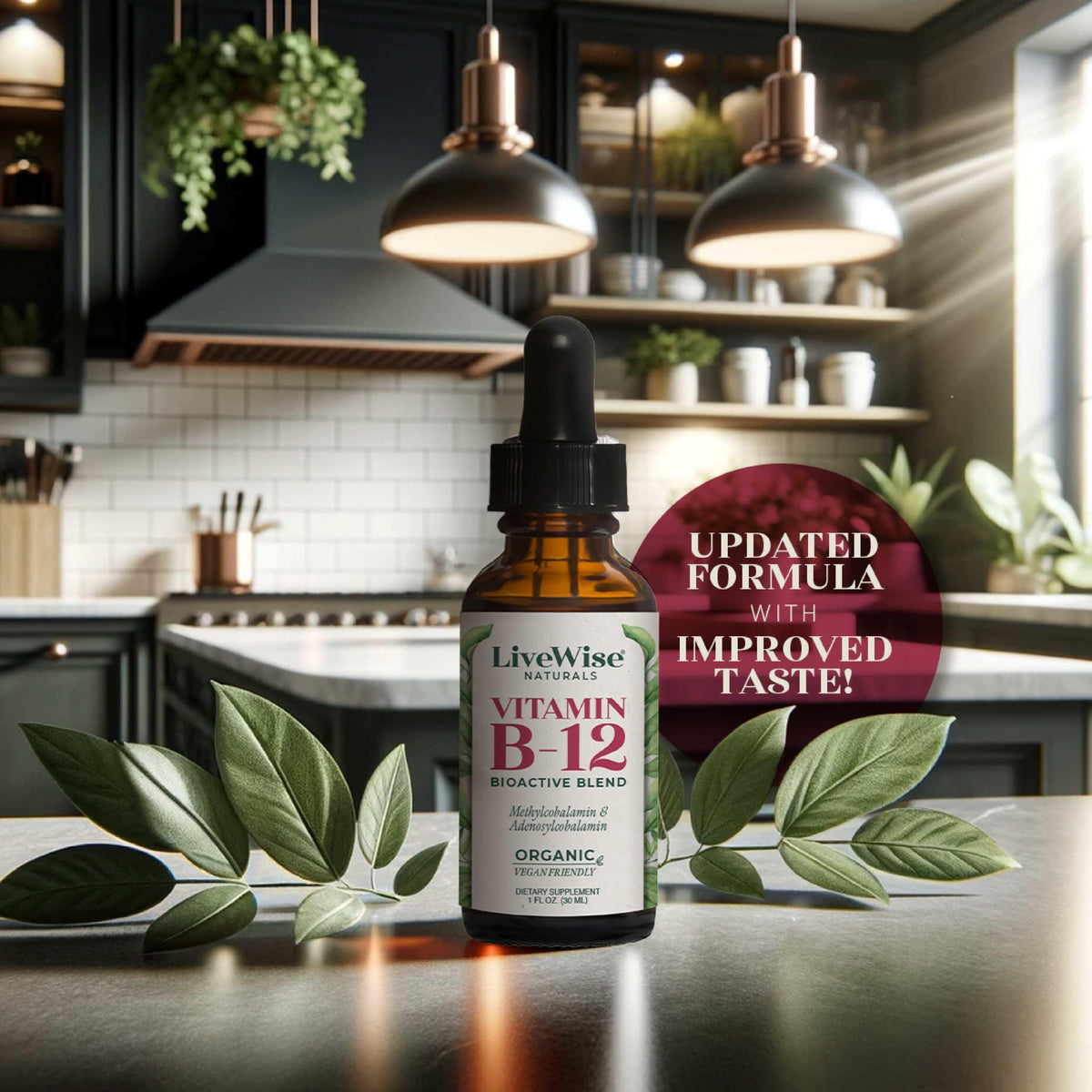 Flacon de vitamine B12 avec ingrédients listés