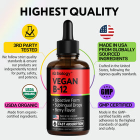 Flacon de vitamine B12 IQ BIOLOGY sur une table en bois