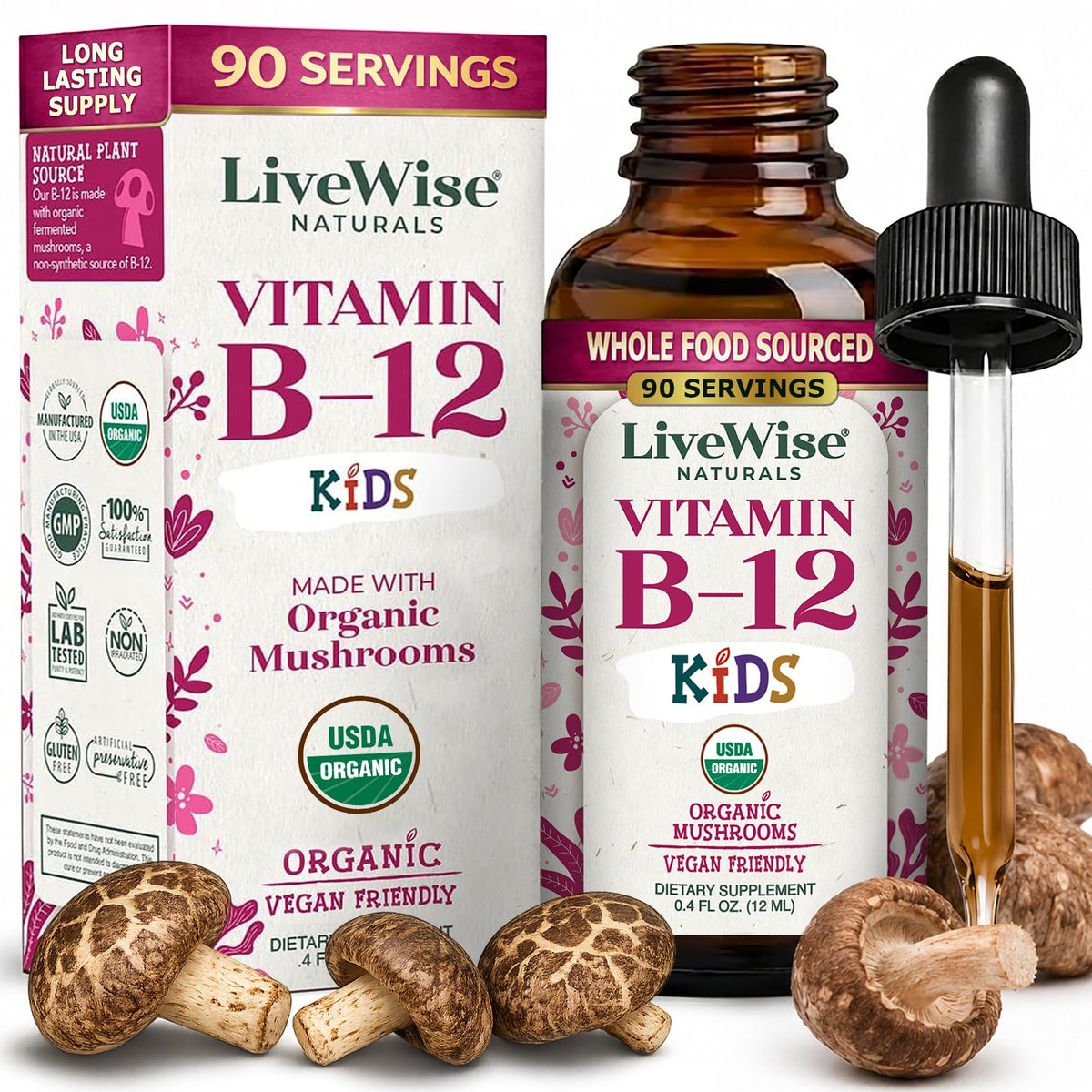 Flacon de Vitamine B12 Liquide Live Wise Naturals pour enfants, 50g