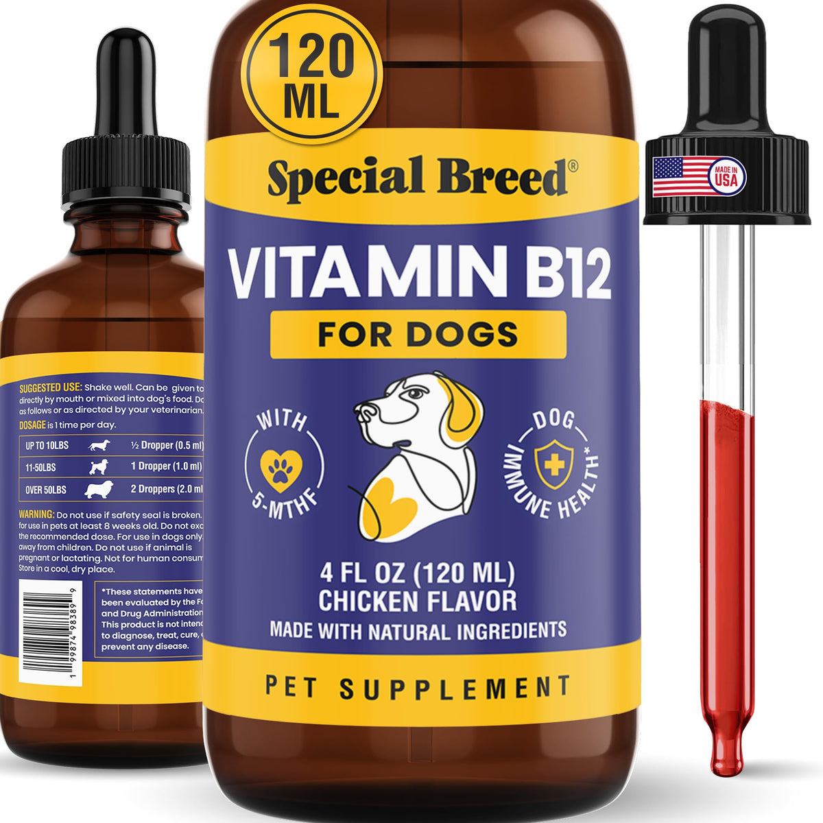 Flacon de vitamine B12 liquide Special Breed 500 mcg saveur poulet