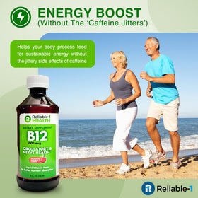 Flacon de Vitamine B12 liquide sur un fond de cuisine