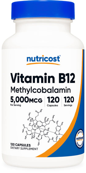 Flacon de Vitamine B12 Methylcobalamine Nutricost 5000mcg, 120 capsules