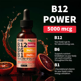 Flacon de vitamine B12 NUSAVA sur un fond blanc