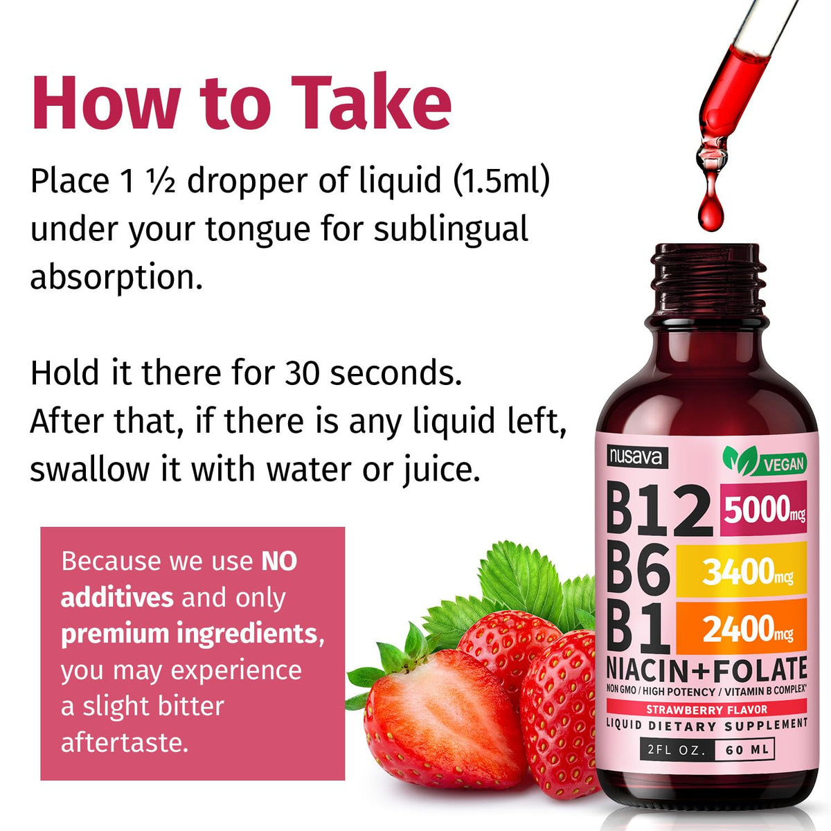 Flacon de vitamine B12 NUSAVA sur une table en bois