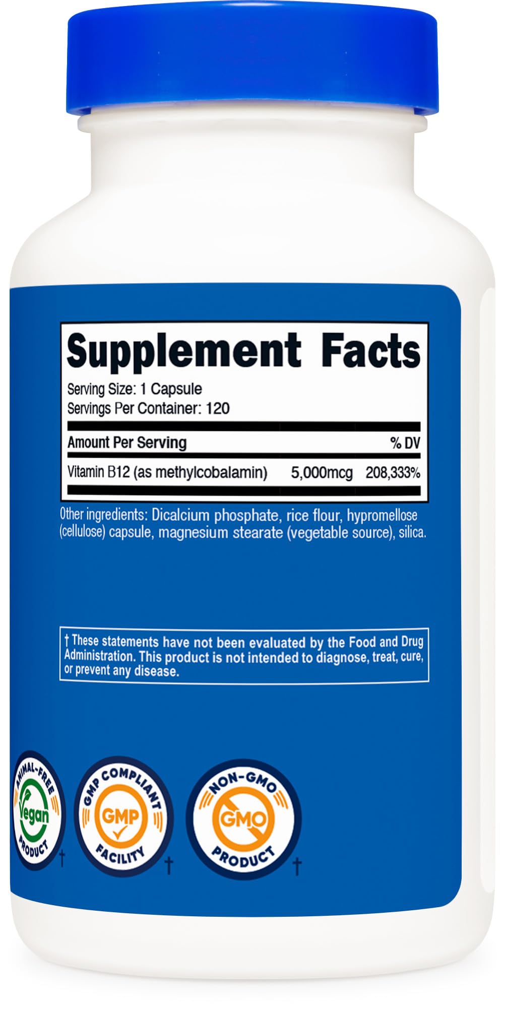 Flacon de Vitamine B12 Nutricost avec capsules sur fond blanc