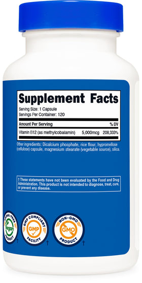 Flacon de Vitamine B12 Nutricost avec capsules sur fond blanc