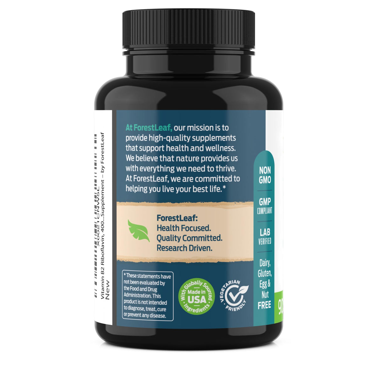Flacon de vitamine B2 Riboflavine 400mg ForestLeaf avec une main