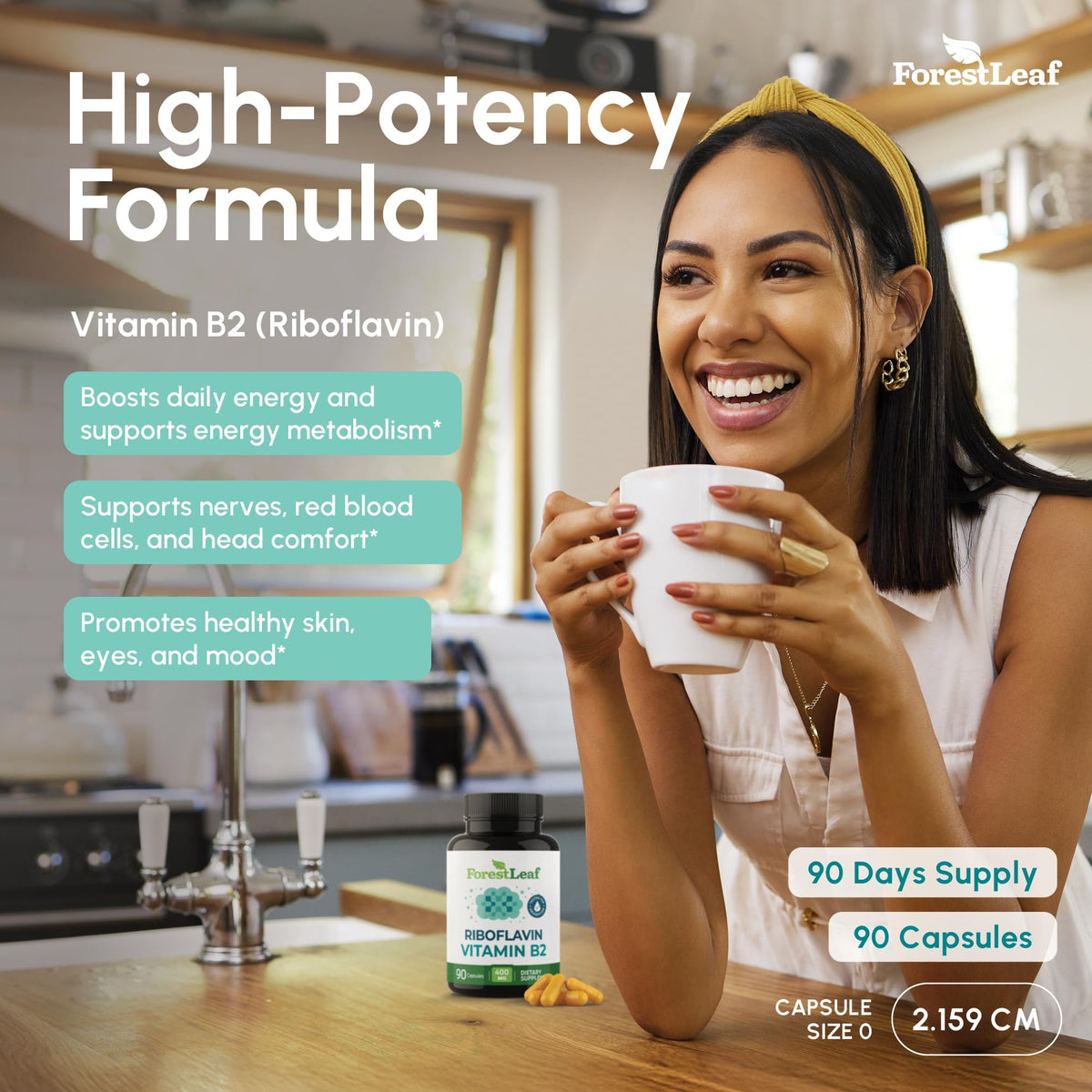 Flacon de vitamine B2 Riboflavine 400mg ForestLeaf sur fond blanc