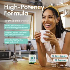 Flacon de vitamine B2 Riboflavine 400mg ForestLeaf sur fond blanc
