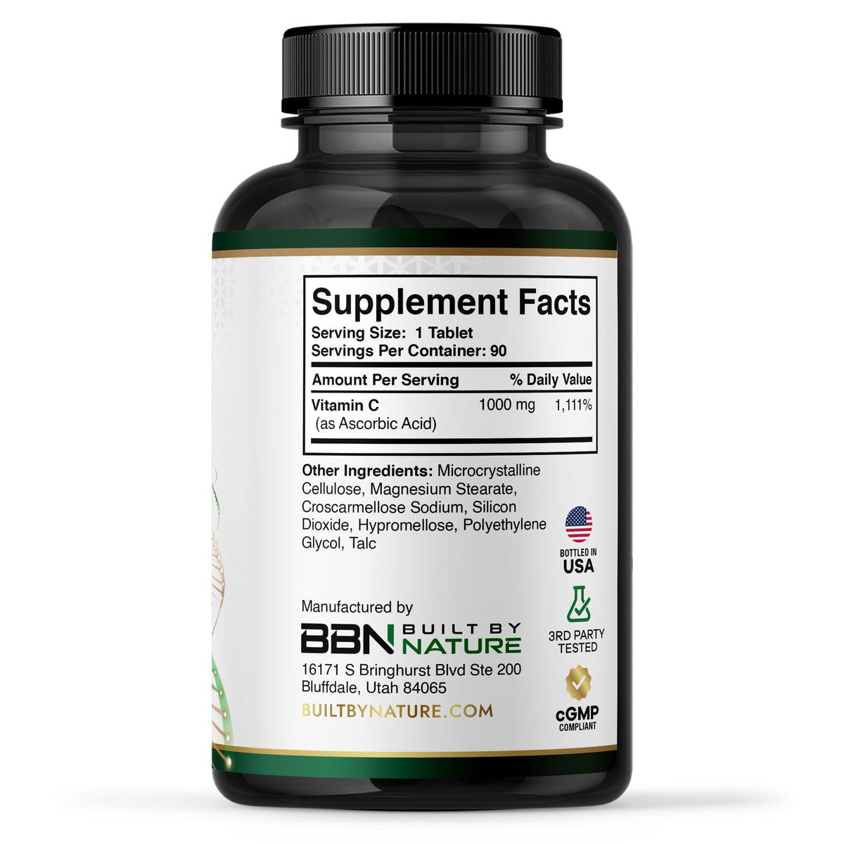 Flacon de Vitamine C 1000mg Built by Nature sur fond blanc