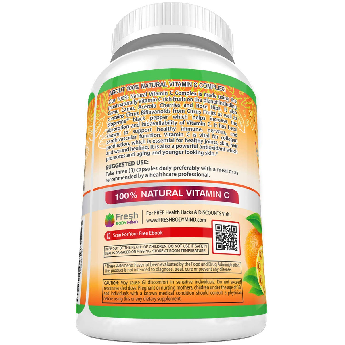 Flacon de Vitamine C 500mg FRESH HEALTHCARE avec ingrédients listés