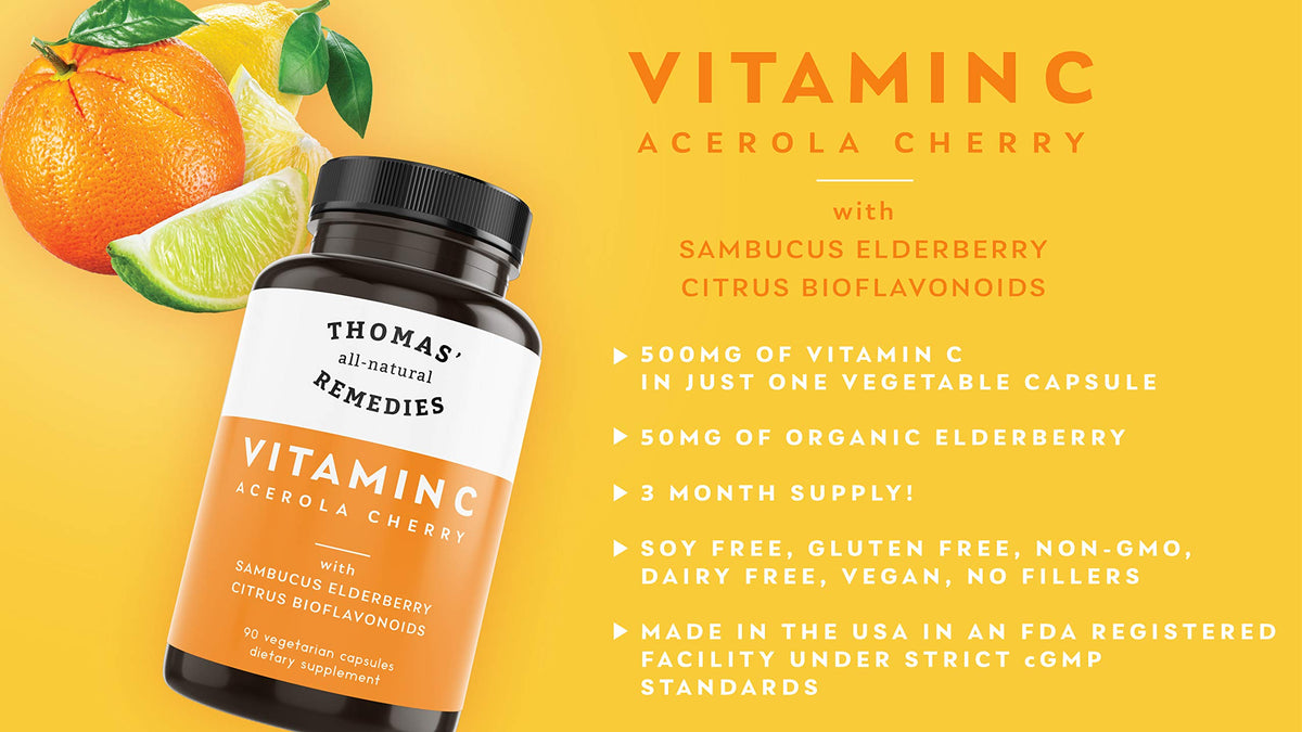 Flacon de vitamine C avec sureau bio dans une cuisine