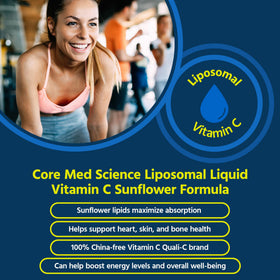 Flacon de Vitamine C Liposomale 1000mg Core Med Science avec étiquette visible