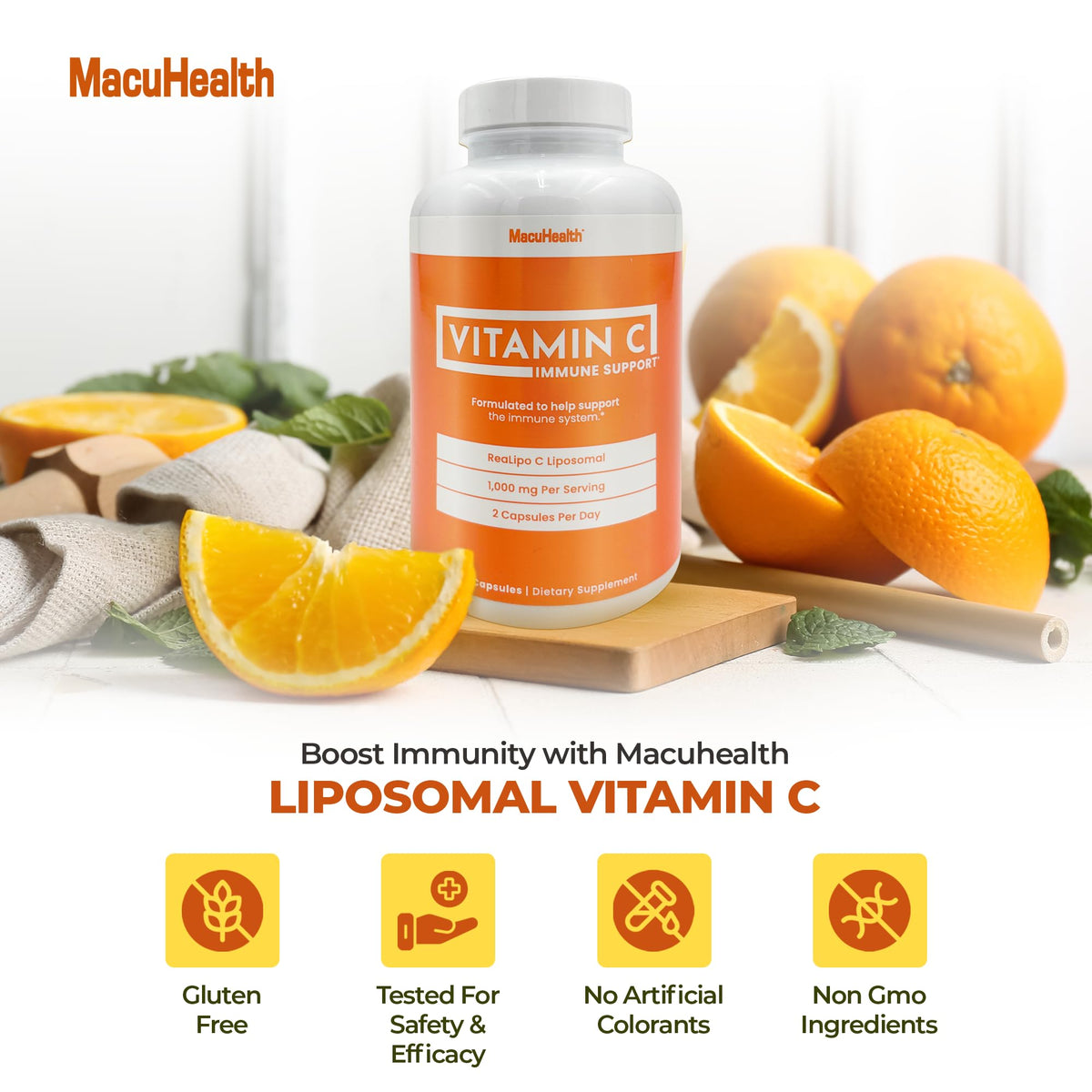 Flacon de Vitamine C Liposomale Macuhealth ouvert avec capsules