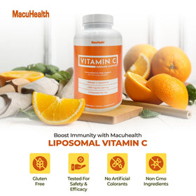 Flacon de Vitamine C Liposomale Macuhealth ouvert avec capsules