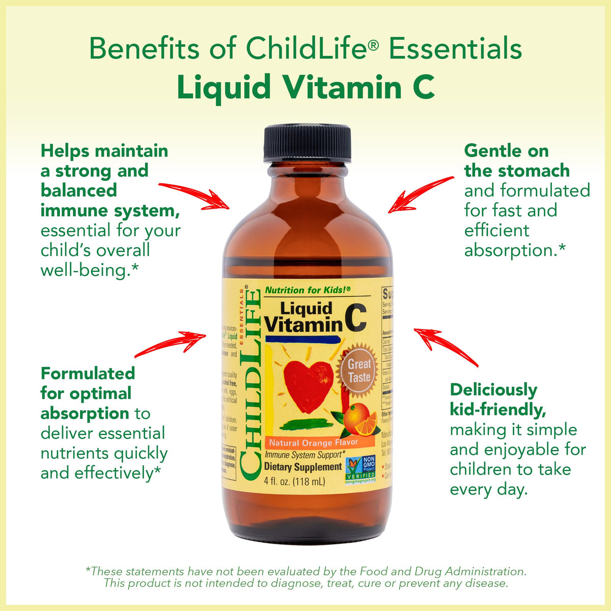 Flacon de vitamine C liquide CHILDLIFE ESSENTIALS sur fond blanc