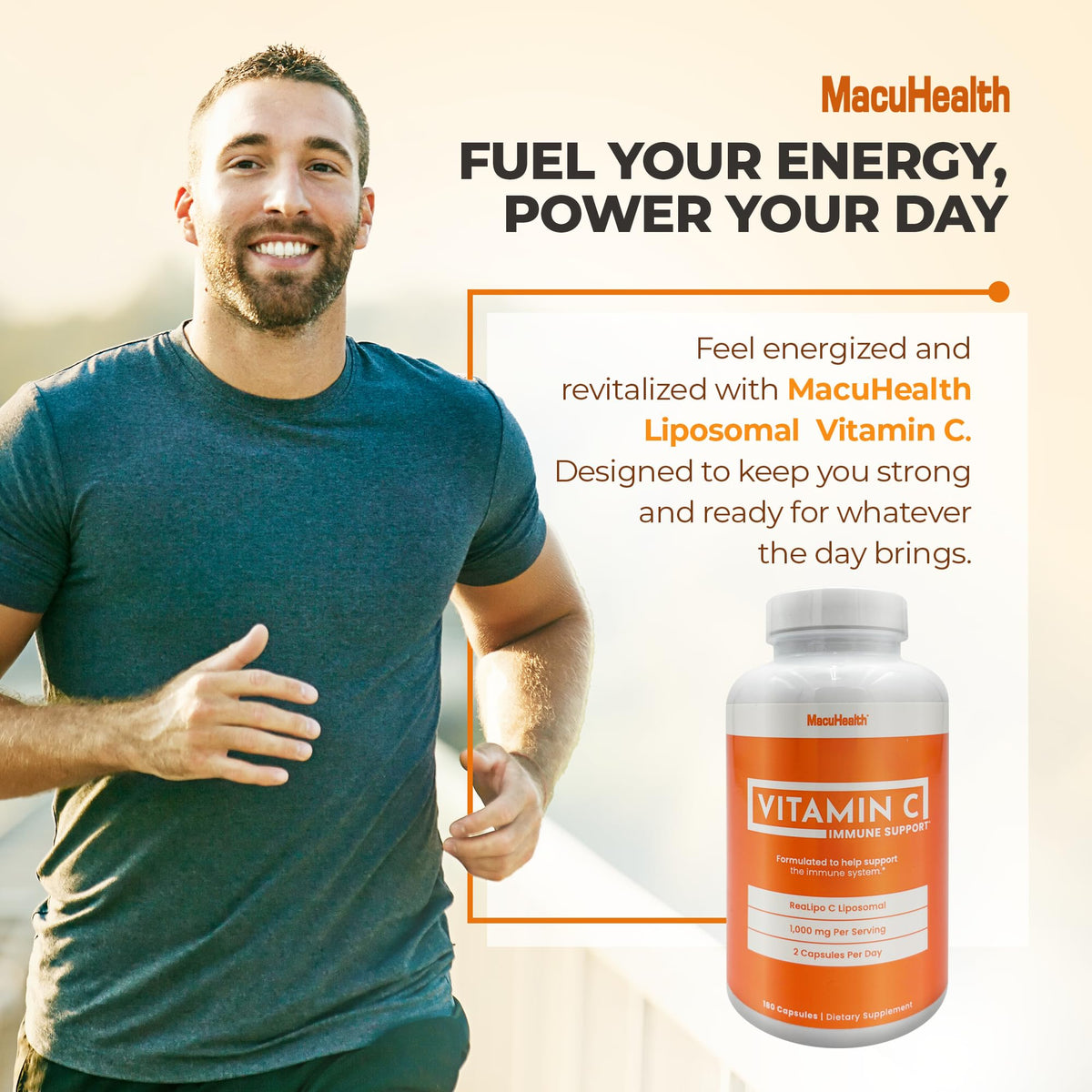 Flacon de Vitamine C Macuhealth avec capsules à côté
