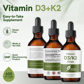 Flacon de vitamine D et K2 Ultra6 Nutrition avec gouttes dans un verre