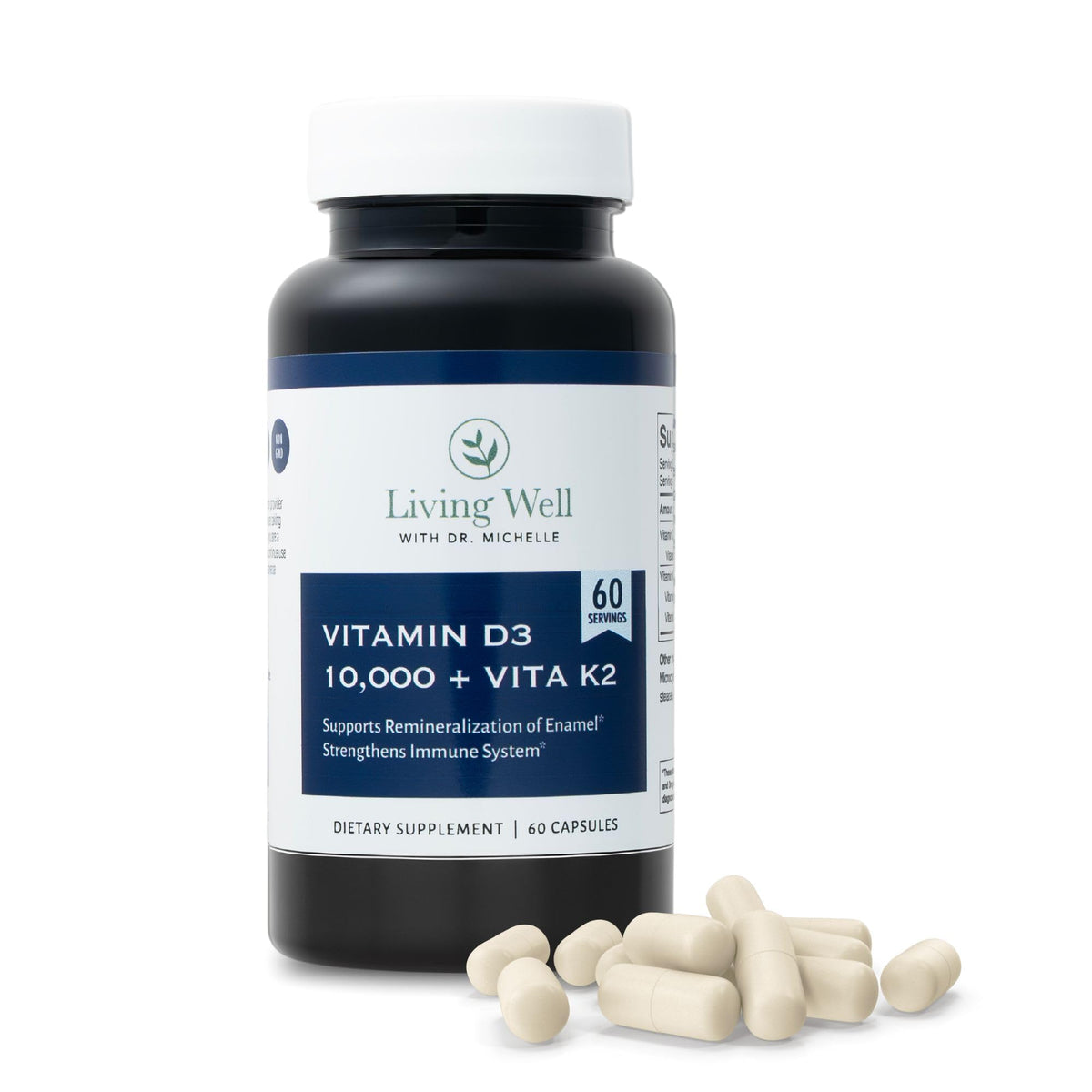 Flacon de Vitamine D3 10 000 UI avec K2 de Living Well, vue de face