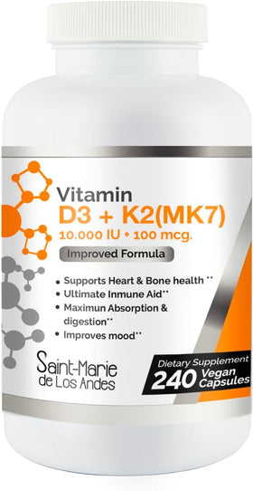 Flacon de Vitamine D3 10 000 UI K2/MK7 de Saint-Marie de los Andes, vue de face.