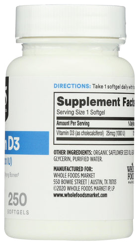 Flacon de vitamine D3 1000 IU avec gélules à côté