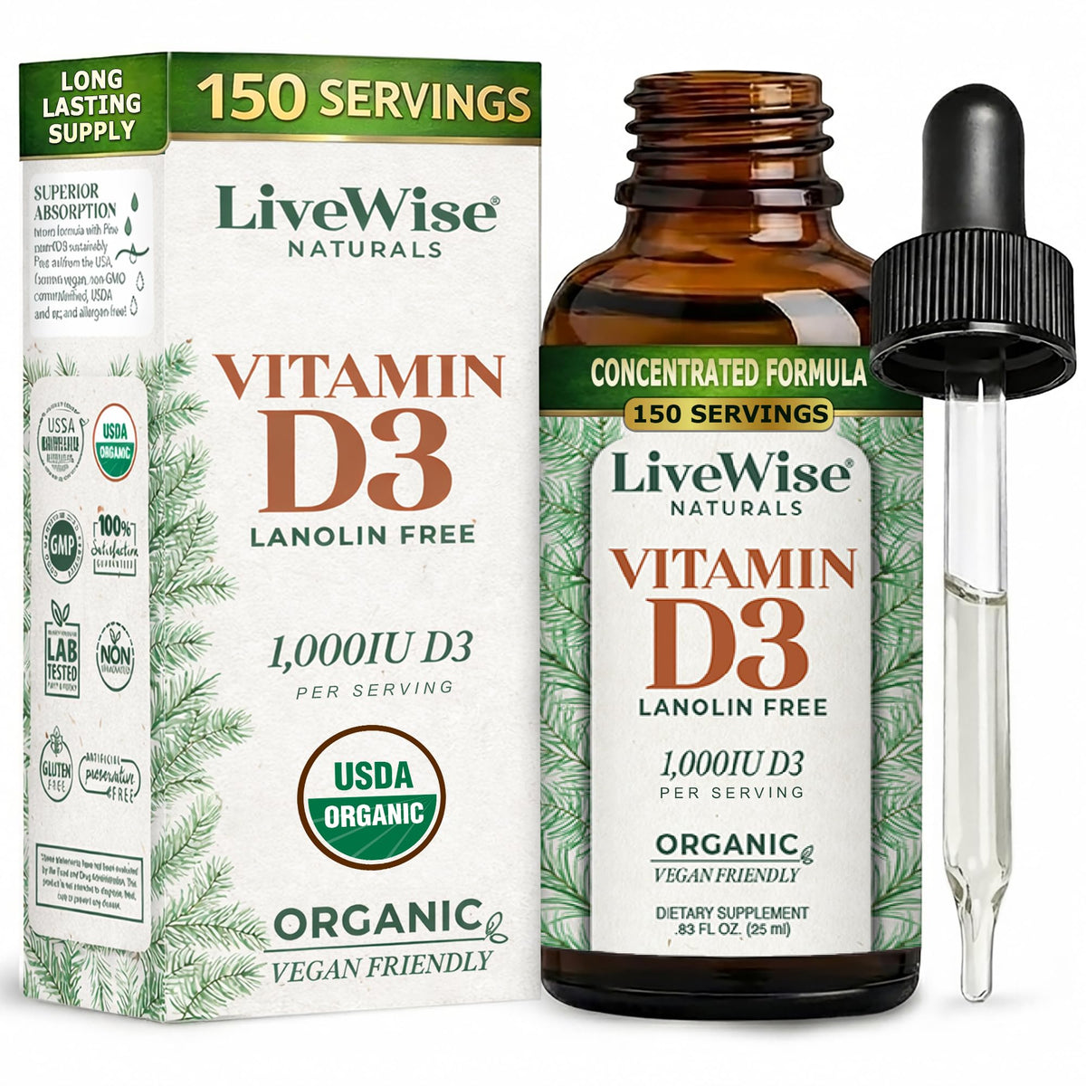 Flacon de vitamine D3 1000 IU Live Wise Naturals avec compte-gouttes