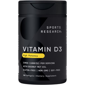 Flacon de Vitamine D3 1000iu Sports Research avec 360 gélules molles