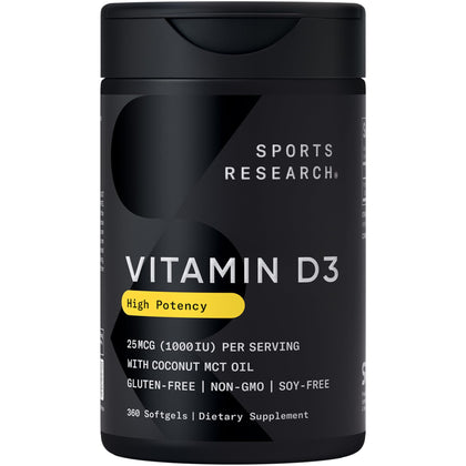 Flacon de Vitamine D3 1000iu Sports Research avec 360 gélules molles