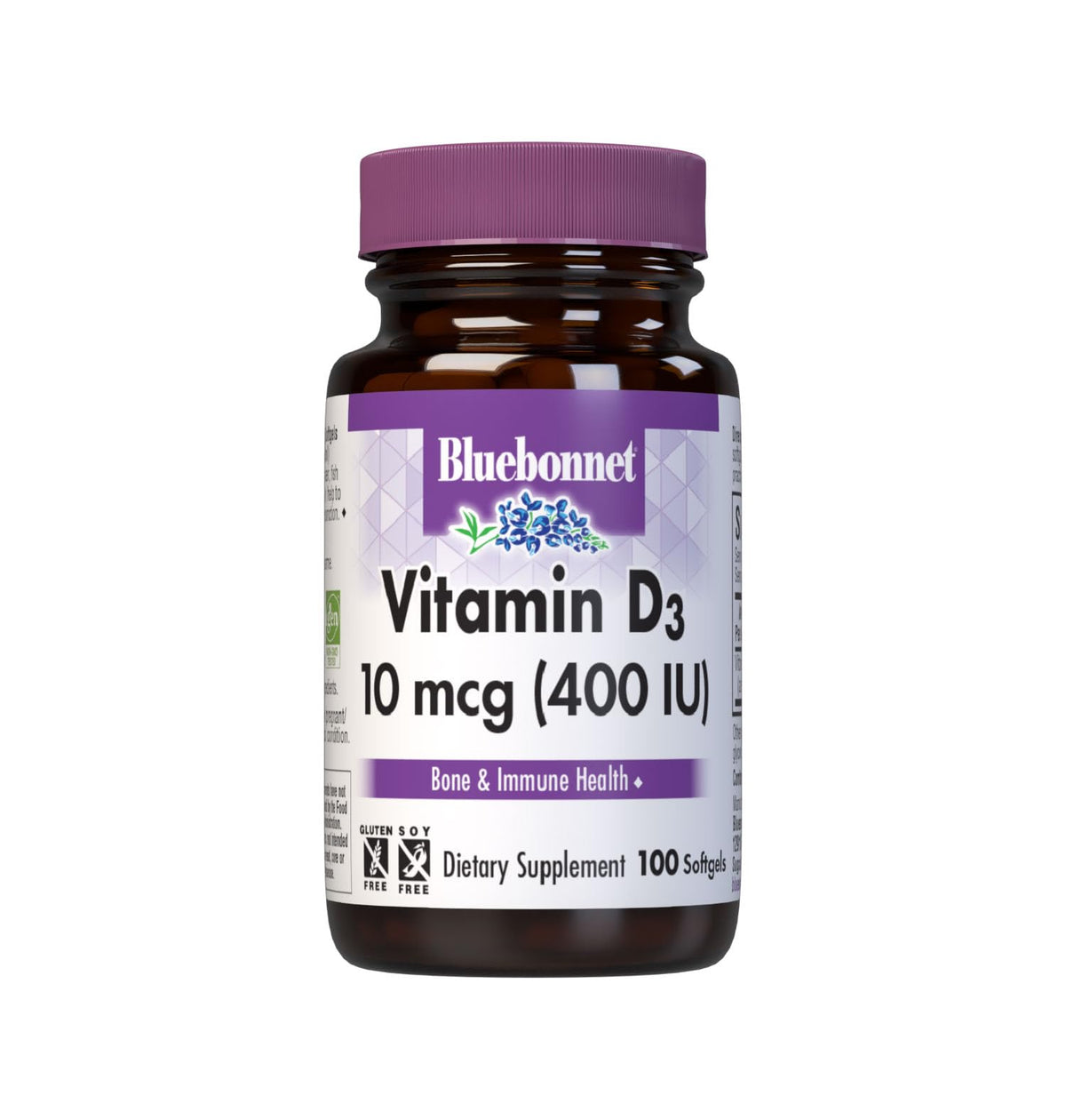 Flacon de Vitamine D3 400 UI de BlueBonnet avec 100 gélules molles