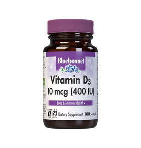 Flacon de Vitamine D3 400 UI de BlueBonnet avec 100 gélules molles